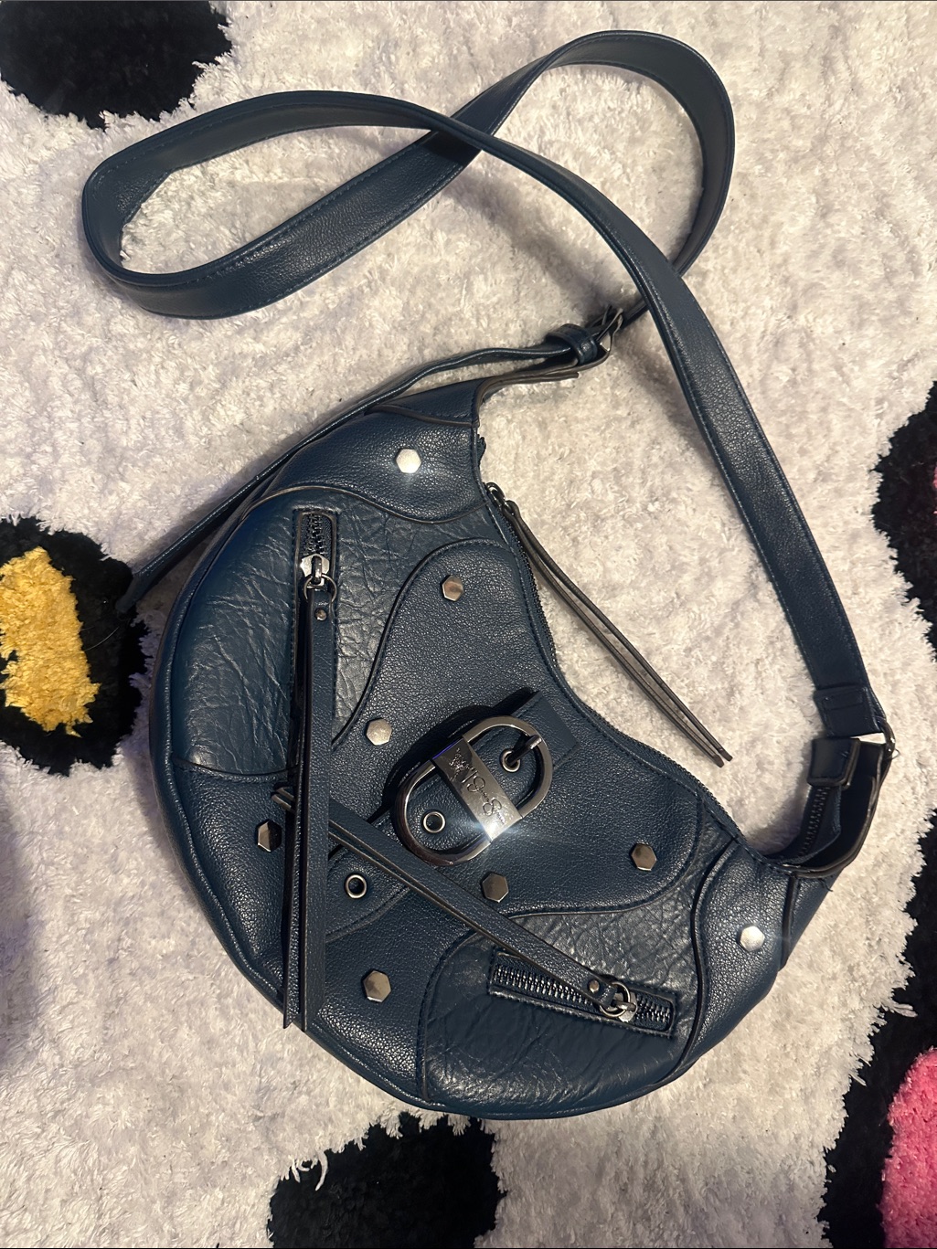 Jessica Simpson Navy Blue Leather Shoulder Bag With Silver Hardware